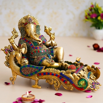 Handcrafted Brass Ganesh Ji Statue Reclining on Couch | Perfect for Pooja, Diwali Décor & Housewarming | Decorative Ganpati Murti for Home & Office ( Multicolor
