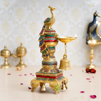 Brass Peacock Diya Stand with Stone Finish | Diya Stand for Home Office Decor Showpiece | Peacock Diya Oil Lamp ( Multicolor, 20 inch)