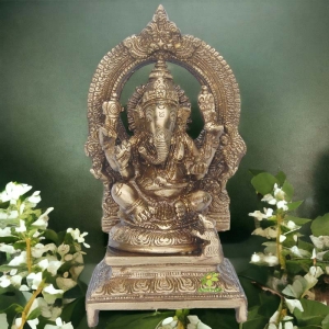Lord Ganesha Sitting Statue on a Throne in Antique Finish By Aakrati