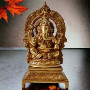Aakrati Lord Ganesha Sitting Statue On A Throne of Brass Brown