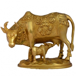 Golden Color Beautifully Craved Cow and Calf Sculpture Decorative Statue