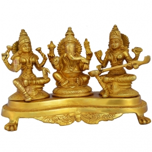 Aakrati Laxmi Ganesha Saraswati Sitting On A Stand Religious Temple Brass Statue Yellow