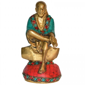 Sitting Sai Baba statue with turquoise coral stone work