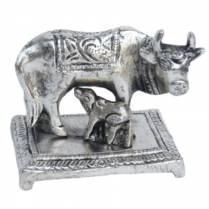 Cow and calf silver finish statue