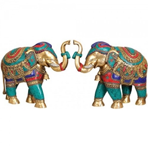 Turquoise stone work Elephant pair for Home Decor- Brass Metal Animal Statue