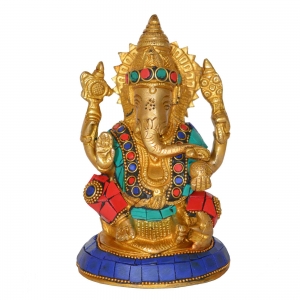 Ganesha figure with stone work - unique metal brass religious murti