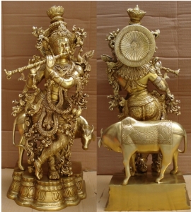 Krishna Playing Flute with cow Made of Brass