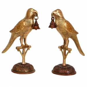 Elegent pair of Brass Parrot Bird Shopiece with welcome bells Decorative appeling Statue Colorful Figurine perfect finished  Table Dï¿½cor at home and office rare gift