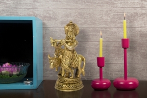 Lord Shri Krishna Statue of Brass with cow Handcarved Metal Murti Deorative Showpiece for Office Table, Mandir Pooja, temple worship by Indian artist 