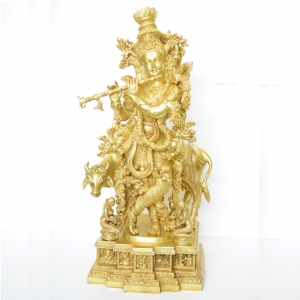 Lord Krishna Hand Carved Brass Metal Statue
