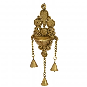 Aakrati Wall Hanging Deepak Also as Candle Stand with Bells Made of Brass Metal - Wall Decor Indian showpiece for Gift -Total Height 11 inch