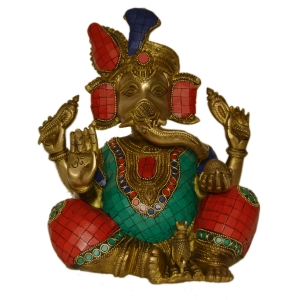 Ganesha Brass Metal Turquoise Work and Stone Statue  