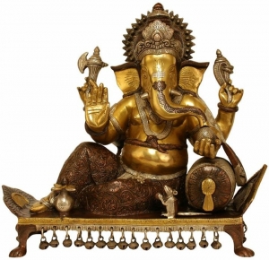 Sitting Lord Ganesha with Turquoise Work made in Brass Statue