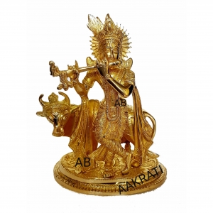 Krishna with cow playing flute brass made Murti by Aakrati