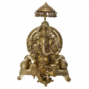 Lord Ganesha Sitting on a decorative throne brass made pooja ghar decoration statue
