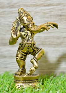 Aakrati Matte Gold Brass 4 inch Dancing God Ganesh Small Showpiece for Temple or Office or Home