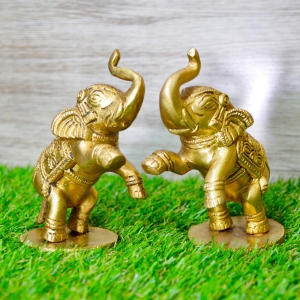 Aakrati Pair Yellow Small 4 inch Brass Cute Elephant Showpiece Multipurpose Use For Home or Office or Paper Weight