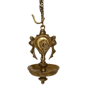Shankh Design Brass Hanging Diya with by Aakrati, Indian Handicraft Diya, Handmade Lamp