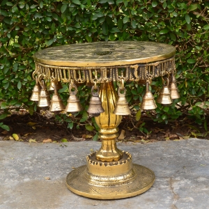 Round Chowki with decorative Pillar and Bells, Brass Pooja Chowki for Home Temple, Chowki For Idols, Pooja - Antique Yellow