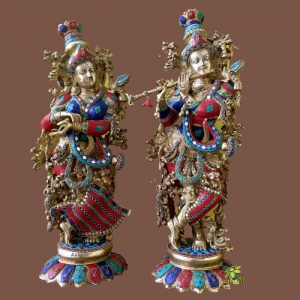Radha Krishna Statue Made in Brass - Hindu God Religious Figurine Idol Turquoise Handwork Big Murti 29 inch in Height | Home Decor | Showpiece 