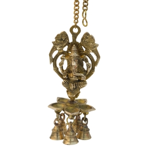 Aakrati Handicrafted Exquisite Peacock Oil Lamp with 5 Diyas & 5 Bells On A Chain | Home Decor | Auspicious Peacock Lamp |Brass Hanging Diya