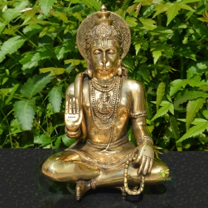 Lord Hanuman Sitting Religious Hindu Statue, Indian Bahubali God Figurine Brass Rambhakta Monkey God, Lord Rama God of Strength