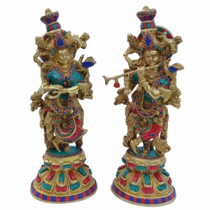 Brass Radha Krishna Statue | 16 Inch Tall Radha Krishna Figurine in Brass | Large Radha-Krishna Sculpture | Hindu Divine Couples | Marriage Gift