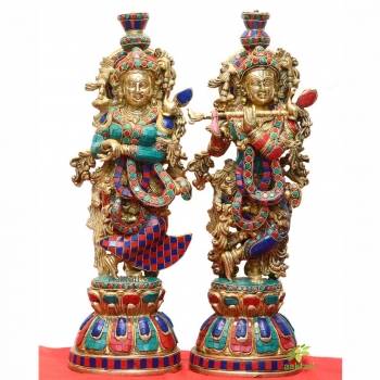 Aakrati Brass Radha Krishna Statue | 20 Inch Tall Radha Krishna Figurine in Brass | Large Radha-Krishna Sculpture | Hindu Divine Couples | Marriage Gift