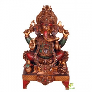 Ganesha Statue on Elephant Head - Ganesh Idol - Ganpati Statue - Vinayaka Statue Home Decor - Indian Brass Sculpture - Mosaic Stone Work