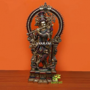 Krishna Big Brass with Stonework, 82 cm Large Size Brass Lord Murlidhar Idol with Arch, Religious Home office Decor